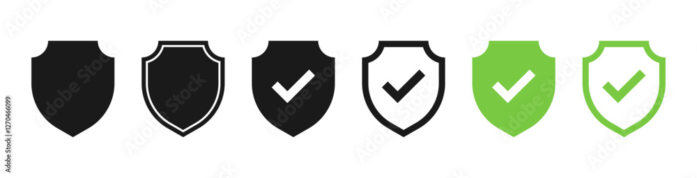 Poster green shield check mark icon or security shield protection icon with tick symbol