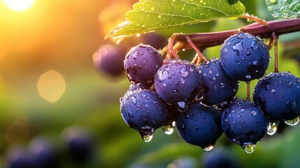 Fresh berries with dew drops on branch at sunset