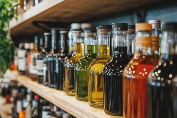 Assorted Glass Bottles of Olive Oil and Balsamic Vinegar on Shelf