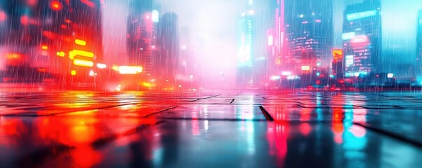 Acid rain climate change idea. A vibrant cityscape illuminated by neon lights in a rainy urban environment.