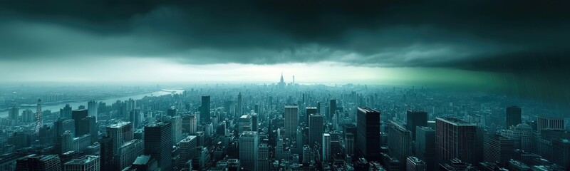 Acid rain climate change concept. A panoramic view of a city skyline under a moody and dramatic sky.