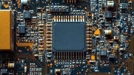 Fototapeta premium Sustainable Businesses A close-up shot captures the intricate details of printed circuitry on a circuit board, revealing the microscopic pathways and connections that power modern technology.