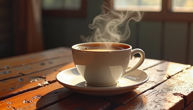 Steaming cup of coffee on rustic wooden table, cozy warmth