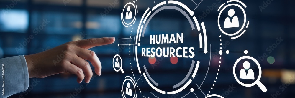 Poster human resources concept with a person touching the virtual interface