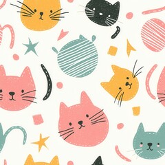 Seamless illustration of watercolor toys. A playful pattern featuring colorful cartoon cats and shapes, perfect for fabric or stationery design.