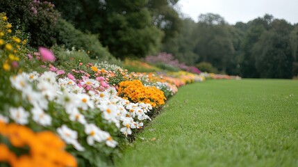 Colorful flowerbeds border a lush green lawn in a park