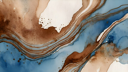 Abstract background with blue and coffee watercolor spots, lines with smooth gradient on white. Template for website, banner.