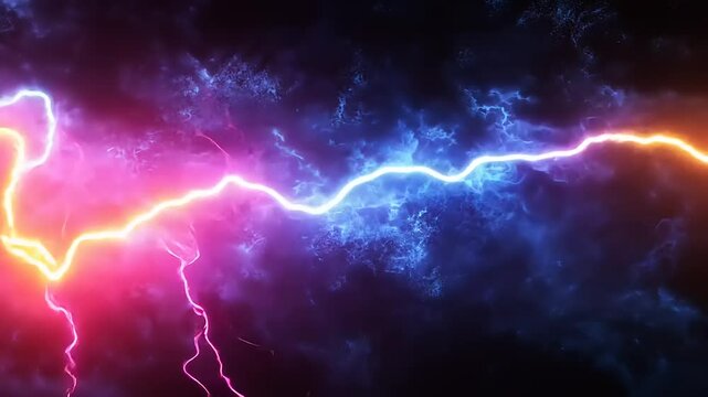 A vivid depiction of electric energy with bright blue and pink lightning against a dark background.