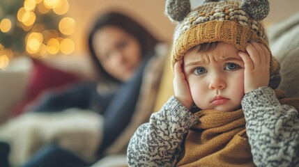 Concerned Child with Hands on Head in Cozy Holiday Atmosphere