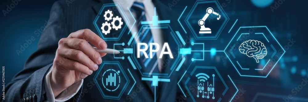 Poster business professional interacts with robotic process automation concept interface