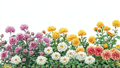 Obraz premium Vibrant Blooming Floral Arrangement with Colorful Chrysanthemums and Daisies against a Clean White Background