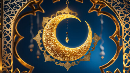 Ramadan Kareem with golden moon and lantern islamic pattern background