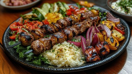Fototapeta premium Grilled meat skewers with rice and assorted grilled vegetables. A delicious, healthy meal perfect for restaurant menus or food blogs.