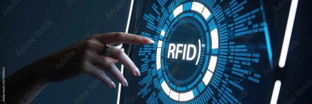 Poster finger touches screen displaying rfid technology with circular design