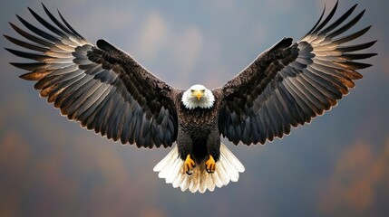 Obraz premium Majestic Bald Eagle Soaring, Wings Spread, Autumn Background, Wildlife