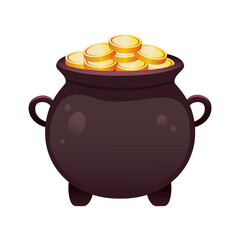 Pot of gold vector cartoon illustration. Black pot filled with golden coin. Irish, St. Patrick's Day celebration theme design element isolated on white.