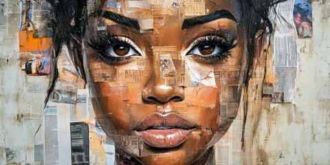 A collage portrait of a woman with artistic texture. The face reveals beauty and expression. Modern visual art with newspaper and paper layers, emphasizing creativity individuality. Ideal for unique