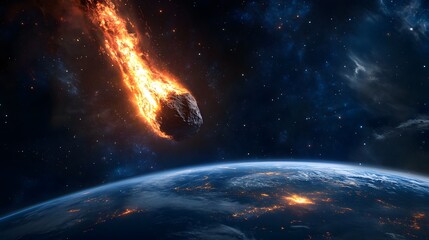 A massive asteroid hurtling towards Earth, creating an apocalyptic scene in space. The Earth is visible from the perspective of outer space