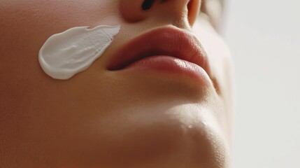 Naklejka premium Applying cream to an adult woman's face for perfect skin. Concept of beauty care for face and skin