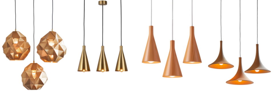 Set of three golden pendant lights in a triangular arrangement, isolated on a transparent background.