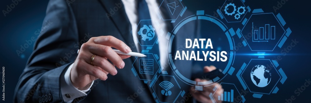 Poster businessman interacts with data analysis interface on digital screen