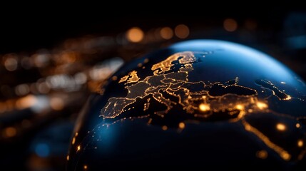 Glowing digital world map depicting european and middle eastern regions