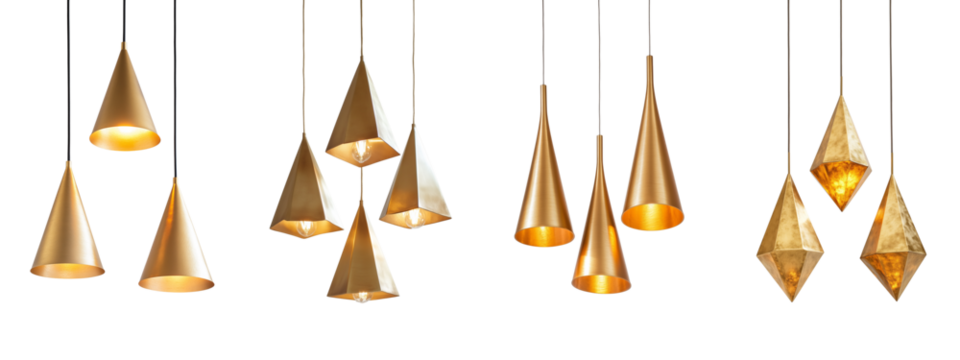Set of three golden pendant lights in a triangular arrangement, isolated on a transparent background.