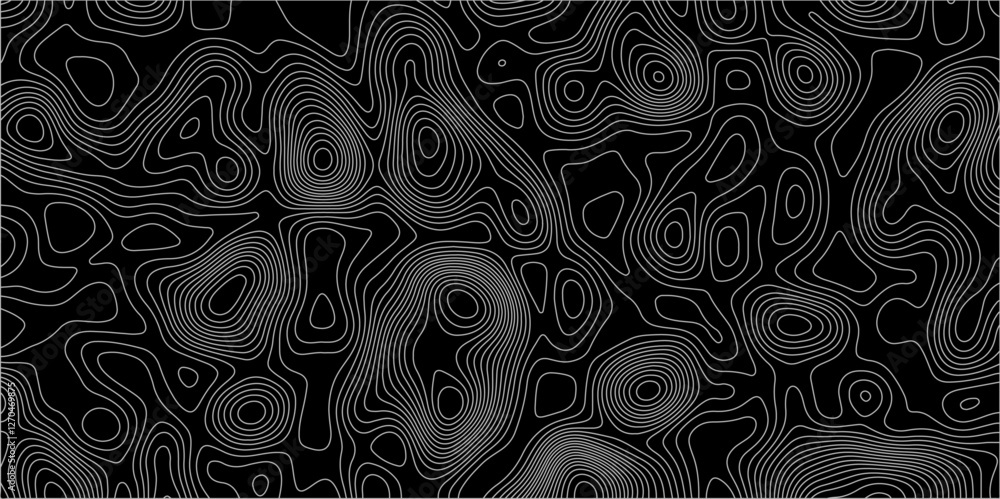 Poster abstract white on black background with topographic line map pattern. abstract wavy and curved lines
