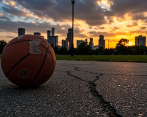 A basketball sits on the ground in front of a sunset.
