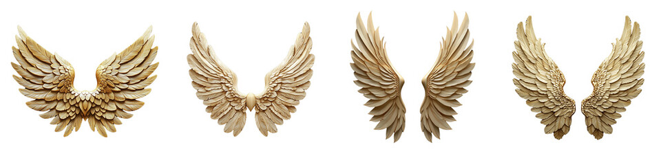 Obraz premium Set of three-dimensional wood carving wings with golden feathers, isolated on a transparent background.