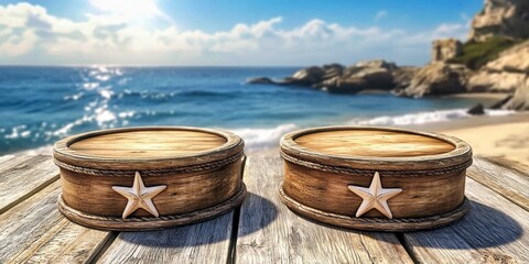 Naklejka premium Wooden tables on tranquil summer beach under ocean horizon. Wooden decor on sand provides relaxation in a peaceful seascape setting. Sunlight and waves evoke summer vacation leisure.