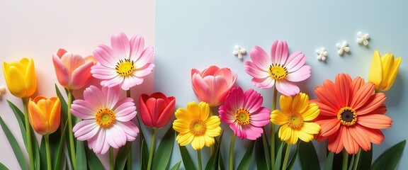Fototapeta premium Colorful Spring Flowers Border on Pastel Blue and White Background