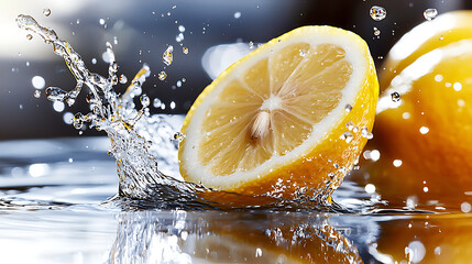 A splash of water surrounds a lemon slice. generated using AI