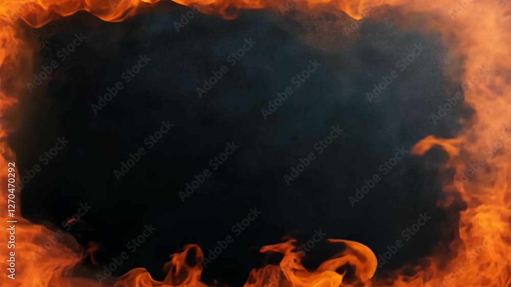 Poster flames surrounding a black background with empty center. fiery frame concept for dramatic and intens