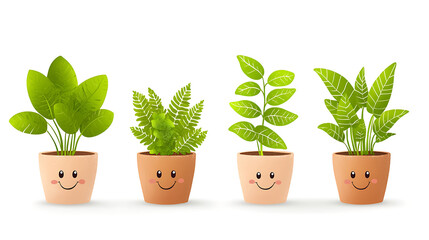Fototapeta premium Happy potted plants with smiling faces, showcasing vibrant green leaves