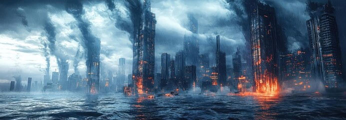 Fototapeta premium Acid rain climate change idea. A haunting cityscape of submerged buildings in a post-apocalyptic environment.