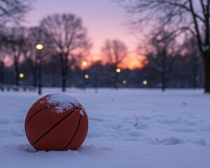 A basketball sits on the ground in front of a sunset.