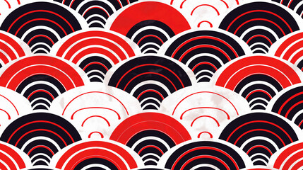 Japanese red and white wave seamless pattern with black and white stripes