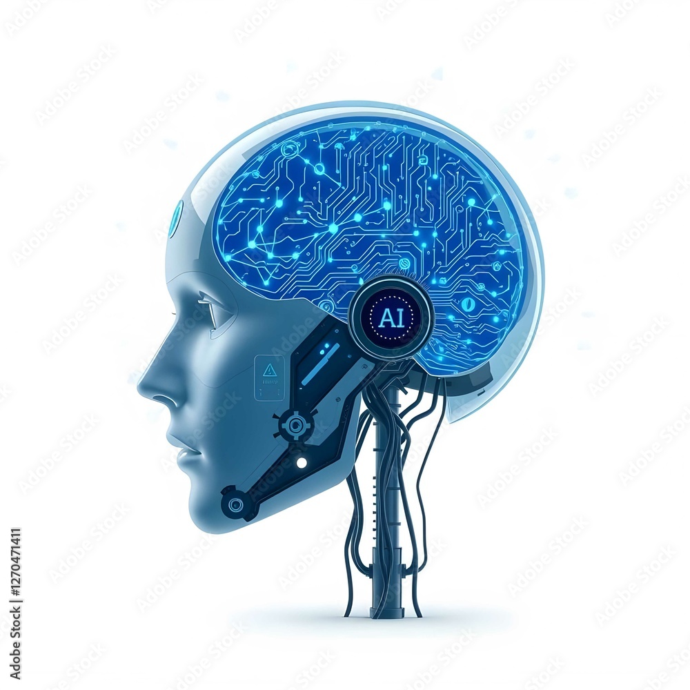 Poster futuristic ai technology with glowing blue circuits, neural networks, data visualization, automation
