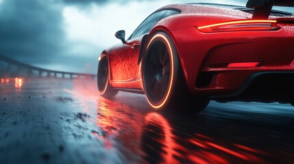 Red sports car driving rain, highway, night, speed, blur