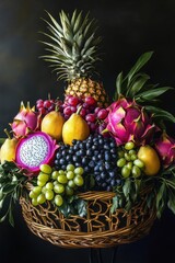 A stunning fruit basket with dragon fruit, pineapple, and grapes
