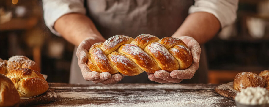 Freshly baked braided challah loaf held by baker, showcasing skill and craftsmanship. Flour dusted hands emphasize art of baking