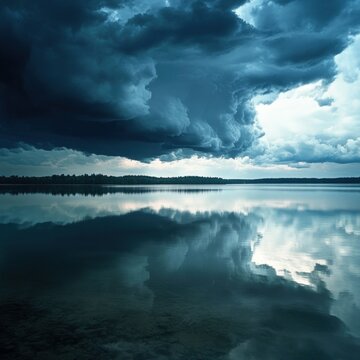 A thunderstorm rolling in across a calm, glassy lake, with dark clouds reflecting in the water