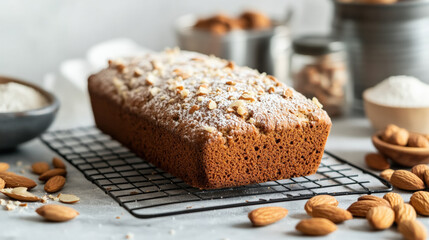 Healthy almond bread loaf on wire cooling rack, surrounded by almonds and baking ingredients, showcasing delicious and nutritious treat