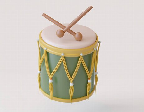 3D festive green drum with golden embellishments and wooden drumsticks rests against a pale background