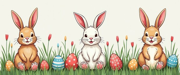 Obraz premium Three Cute Cartoon Easter Bunnies with Colorful Eggs in Green Grass