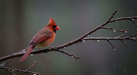 Vibrant red male cardinal perched on a branch during a rainy day, surrounded by a blurred green background
