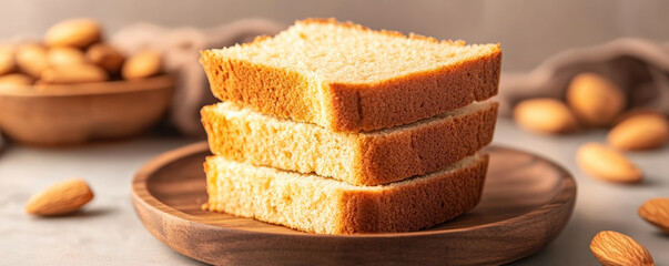 Healthy almond bread slices stacked on wooden plate, surrounded by almonds, showcasing nutritious and delicious option for snacks or meals