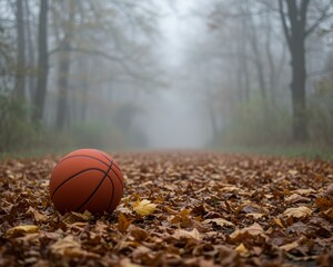 A basketball sits on the ground in front of a sunset.
