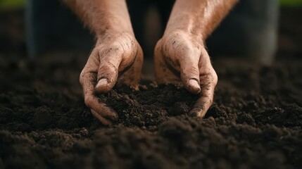 Close-Up of Rough, Calloused Hands Digging into Soil, Representing the Hard Work and Commitment Behind Sustainable Farming Efforts